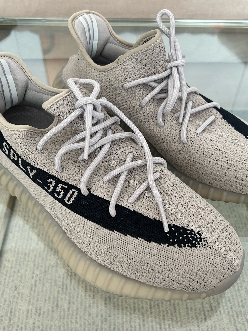 Yeezy Boost 350 V2 Beige Knit Sneakers with Black Stripe